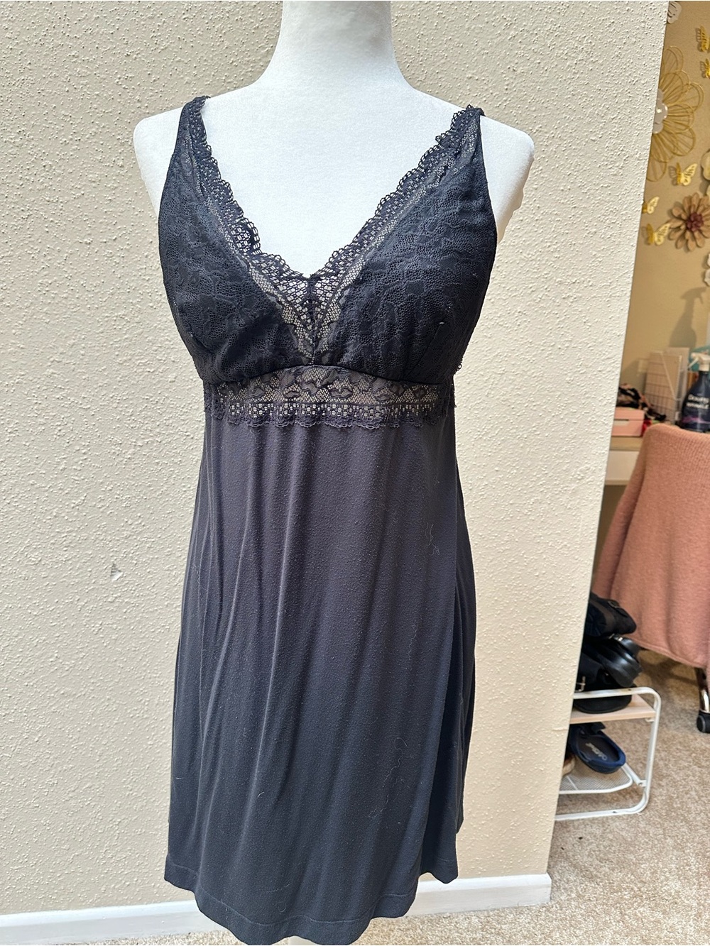 Soma Short Mini Babydoll Slip Dress Lace V-Neck Adjustable Straps Whimsigoth L
